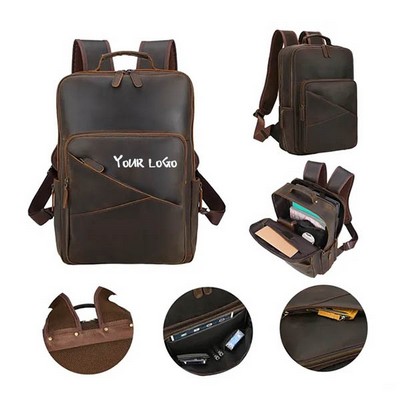 Vintage Full Grain Leather Business Laptop Travel Backpack Multi Pockets
