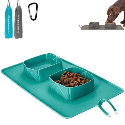 Portable Dual Pet Bowl Food Tray Mat