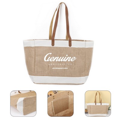 Large Jute Boat Tote Bag with Leather Handles