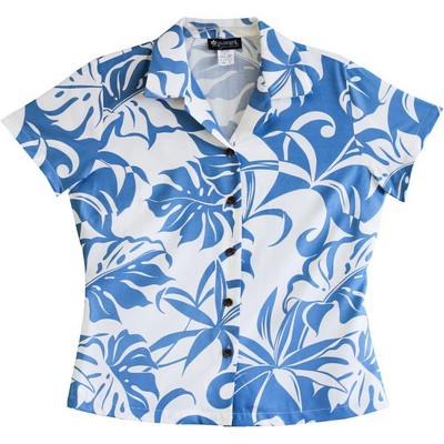 Ladies Hawaiian Tropical Print 100% Rayon Silky Feel Bahama Blue Blouse - DEEP INVENTORY