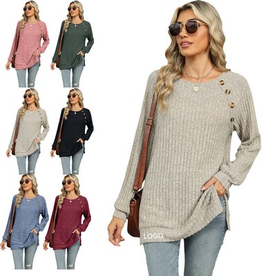 Comfortable Everyday Wear Button Decor Tunic Tops Side Split Women Long Sleeve Shirts