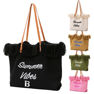Women Large Beach Canvas Tote Bag Summer Vibes Tassel