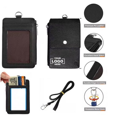 PU Leather ID Badge Holder Featuring a Zipper Closure and Attached Lanyard