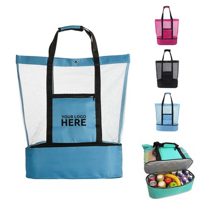 Mesh Beach Tote Bag With Cooler Compartment Insulated