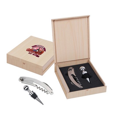 Wine Opener and Stopper Set in a Light Wood Case