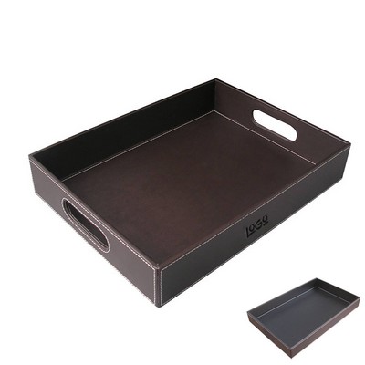 PU Leather Storage Tray w/ Handles for Household Office