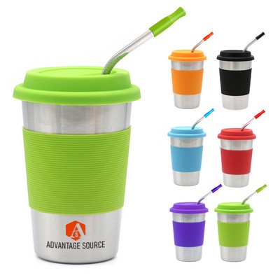 12 Oz. Stainless Steel Travel Coffee Cup W/ Straw