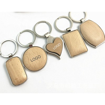 Wood Metal Keychain Beech Wood Heart Oval Shape Key Holder Natural Wooden Pendant Car Keyring