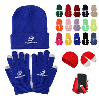 100% Acrylic Winter Warm Thermal Knitted Solid Beanie Hat and Gloves Set for Adults