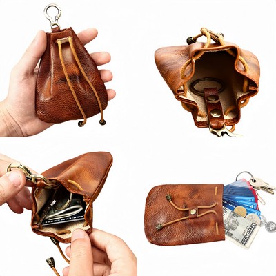 Leather Vintage Mini Coin Pouch with Keychain