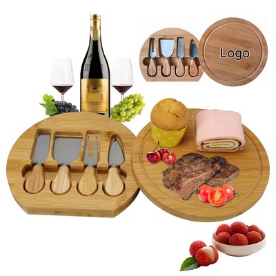 Round Bamboo Cheeseboard with 4 Piece Cheese Knife Set Stainless Steel Cheese Knives for Cheese