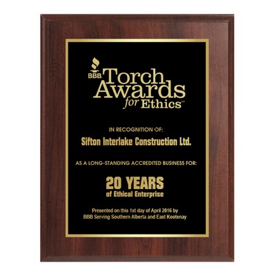 10.5" x 13" Cherry Finish Plaque w/ Laser Engraved Plate and Back Plate