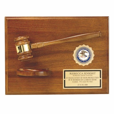 Plaque Genuine Walnut Finish w/Gavel & Block, Holds 2" Insert (9"x 12")