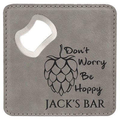 Square Gray Laser Engraved Leatherette Bottle Opener Coaster (4" x 4")