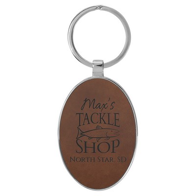 3" x 1 3/4" Leatherette/Metal Dark Brown Oval Keychain