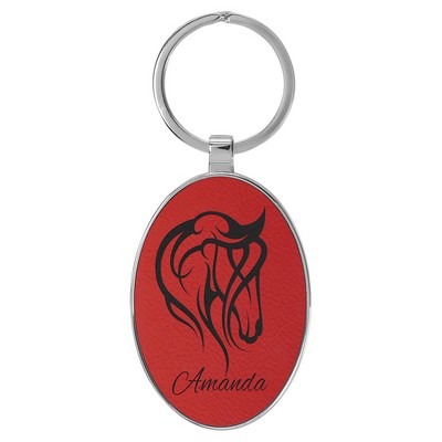 3" x 1 3/4" Leatherette/Metal Red Oval Keychain