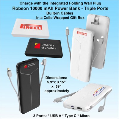 Robson 10000 mAh Power Bank, Integrated Wall Plug&Charging Cables, Printed Gift Box No Extra Tariff