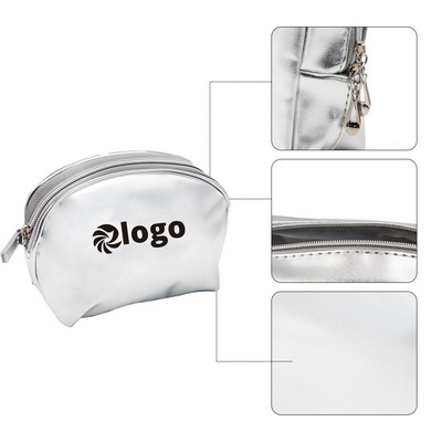 Half Moon Silver Leather Zipper Makeup Cosmetic Bag MOQ 50pcs