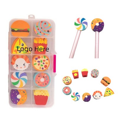 10 Pcs Colorful Fast Food Pencil Topper TPR Eraser Set