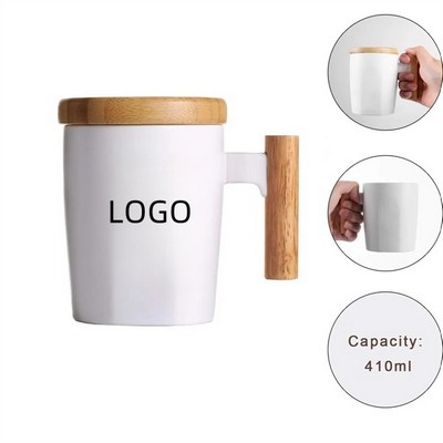 14oz Ceramic Mug with Wood Lid and Wooden Handle