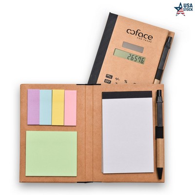 Eco-Friendly Recycled Solar Calculator Gift Set with Pen, Notepad, Sticky Notes & Flags