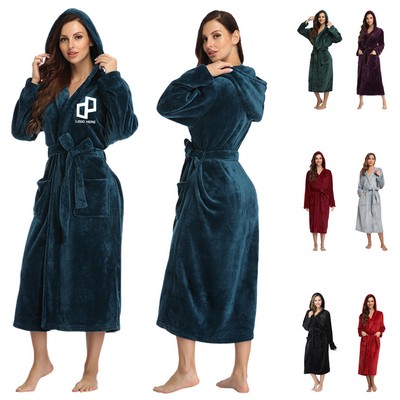 Flannel Hooded Bath Gown Robe W/ Waist Strap