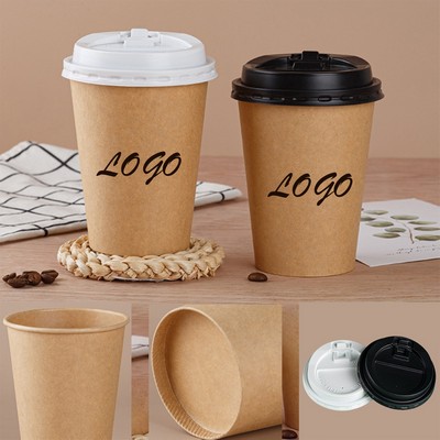 Thickened Disposable Kraft Paper Cups for Takeaway, Natural Color Cups with Lids for Hot Beverages