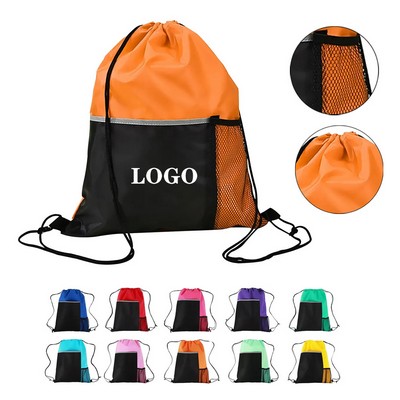 Dual Pocket Drawstring Backpack - 210D Polyester