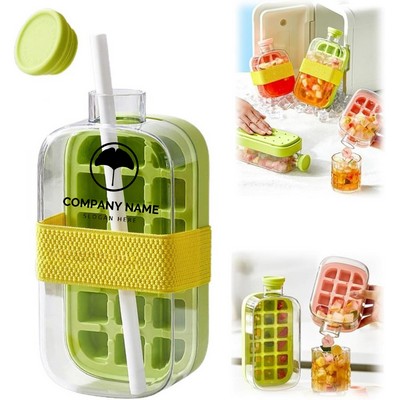 2-in-1 Ice Cube Tray & Water Bottle with Straw – Portable Ice Maker Drinking Bottle.800ML