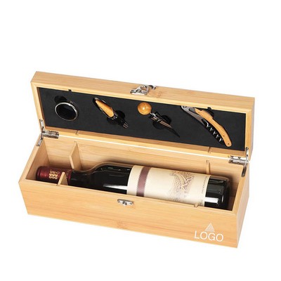 Wooden Wine Box with 4 Wine Accessories Set