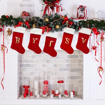Large Red Velvet Christmas Stockings with Gold Letter