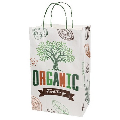 Multi-sided Full Color White Shopper Paper Bag - Green Handle (8.5" x 13.375" x 5")