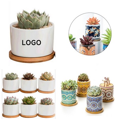 Mini Desktop Ceramic Pot with Eco-Friendly Bamboo Tray