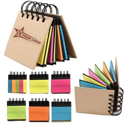 Portable Sticky Notes Notebook Pad Marker Spiral Brown Cover