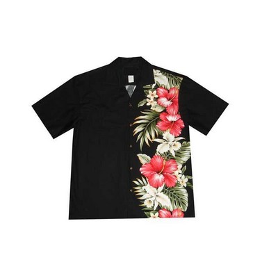 Black Hawaiian Tropical Vertical Border Print Cotton Shirt