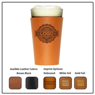 Full-Grain Leather Pint Glass Holder w/Glass-Single Stitch- Made in USA- Bar Set, Craft Beer Glass