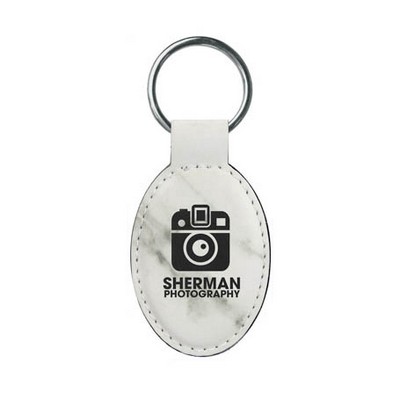 Leatherette Oval Keychain (White Marble)