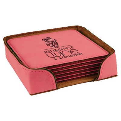 Square Coaster Set, Pink Faux Leather, 4" Dia
