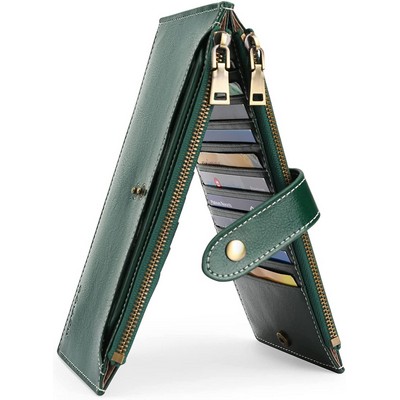 RFID Blocking Women's Wallet Bifold Credit Card Holder With 2 Zipper Pocket