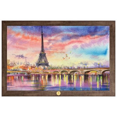 "Eiffel Tower Paris France at Sunset" Watercolor Art Print W/ Gold Medallion