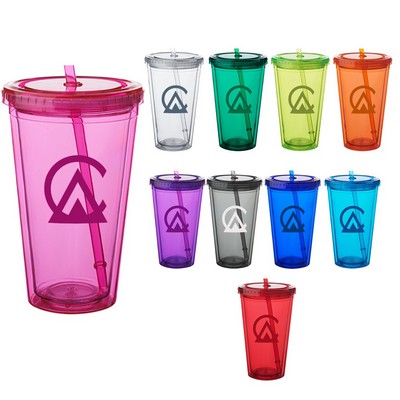 Double Wall Plastic Tumbler - with Straw, 16 oz.