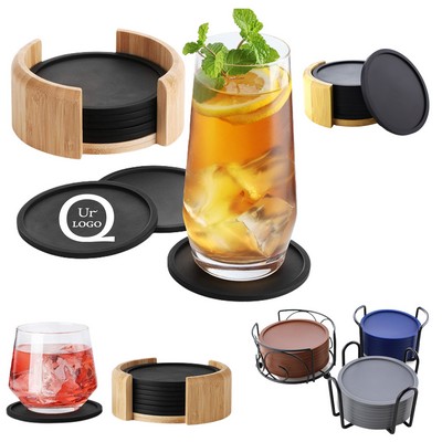 8-Piece Silicone Coaster Set W/ Wooden Holder