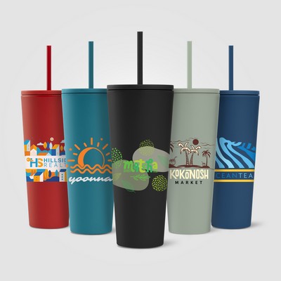 Spire - 24 oz Soft Touch Double Wall Recycled Plastic Tumbler w/ Straw - Full-Color Inkjet