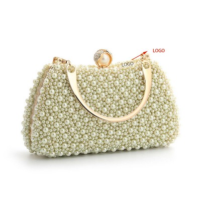 Pearl-Adorned Satin Clutch Bag