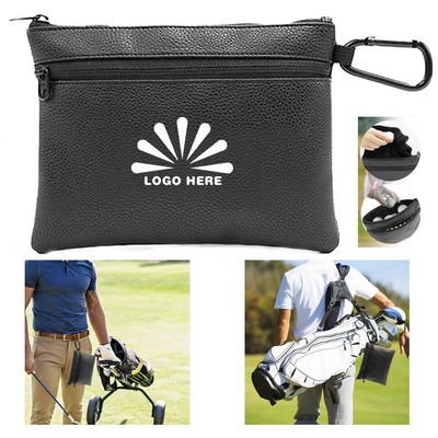 Large PU Leather Golf Accessory Bag w/Zipper Closure & Metal Carabiner