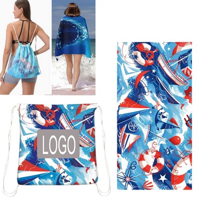 Beach Towel Drawstring Bag 2 in 1 Quick Dry Microfiber for Camping