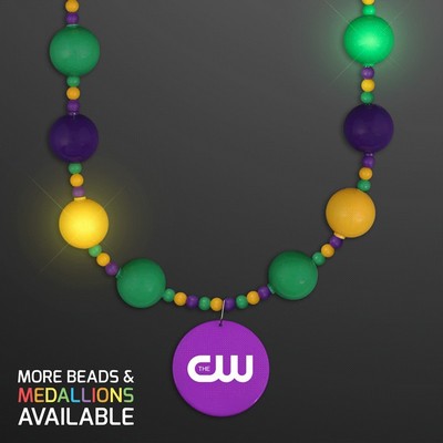 Mardi Gras Party Balls LED Necklace with Purple Medallion - PRINTED