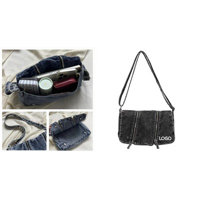 11 X 6.7 Inch Denim Multi-Zip Women'S Shoulder Bag