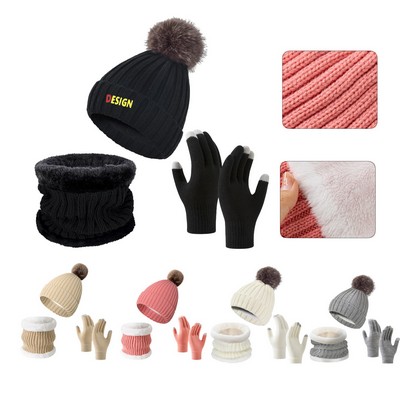 Acrylic Knit Winter Set with Hat, Neck Warmer, and Gloves