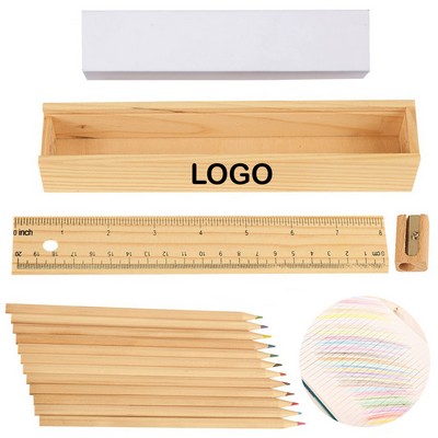 12- Piece Colored Pencil Set In Wooden Ruler Box